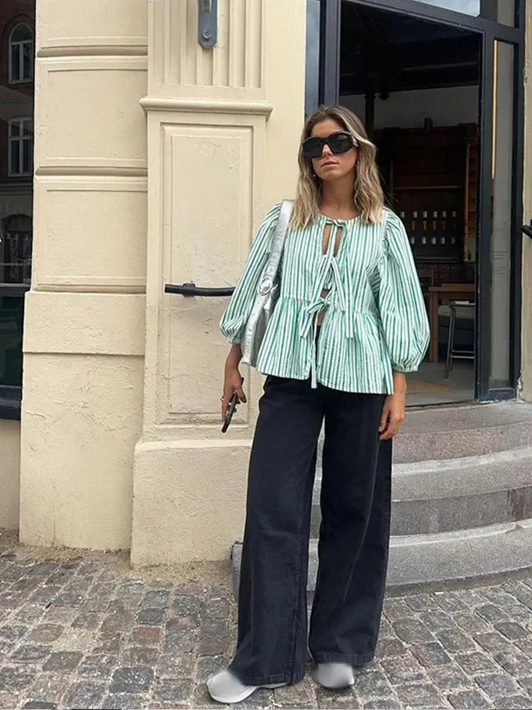 Chiara | Women's puff sleeve lace-up - spring blouse