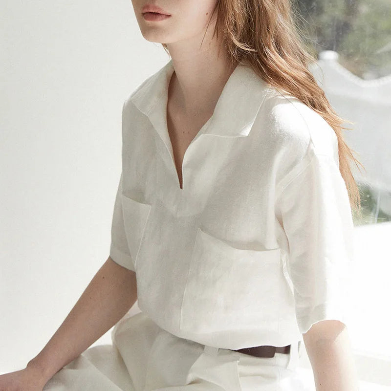 Light and Timeless Short Sleeve Linen Blouse for Women V-Neck – Milena