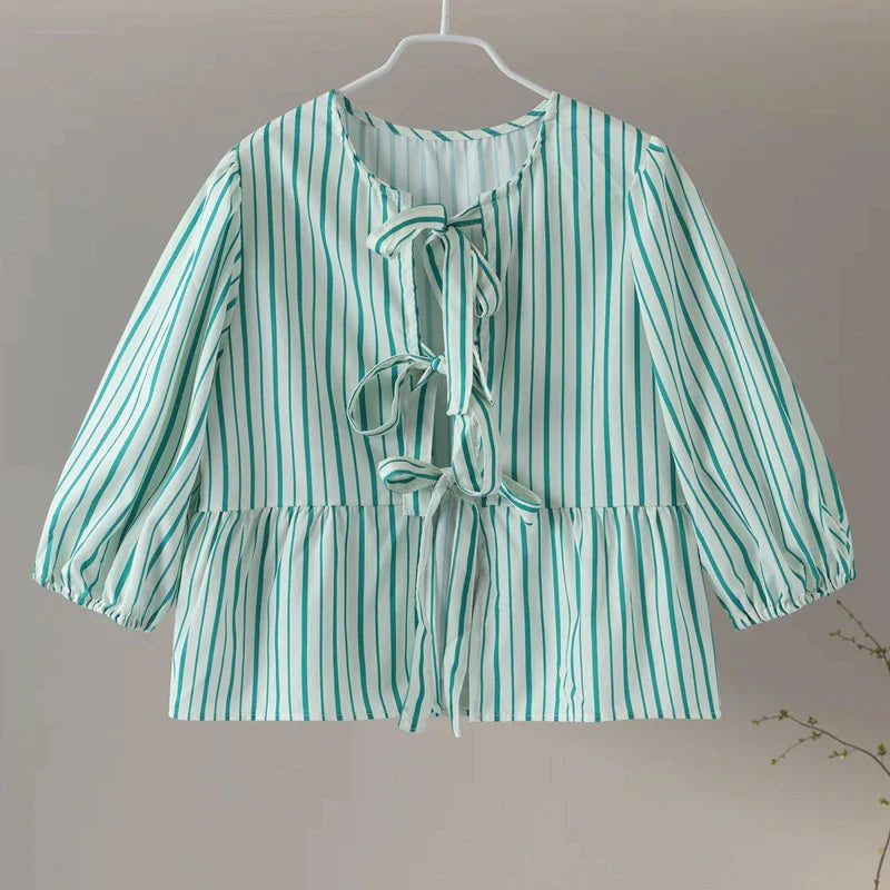 Chiara | Women's puff sleeve lace-up - spring blouse