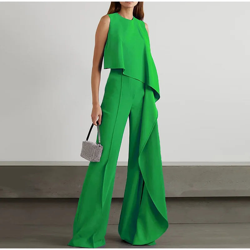 Olive - Women's Sleeveless Straight Tubular Casual Wide Leg Pants Sets