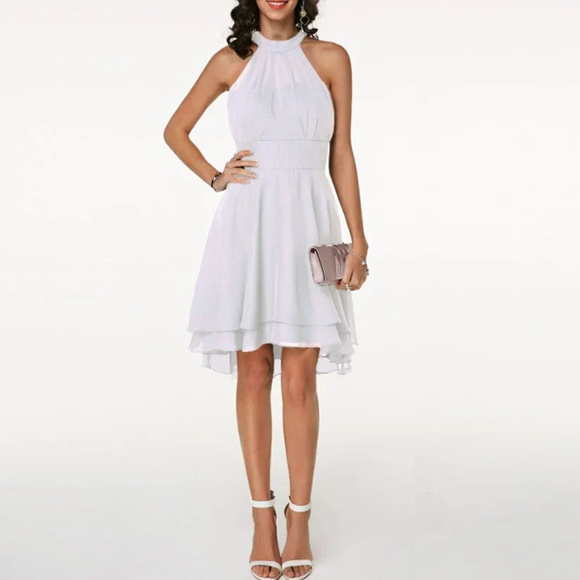 Women's Elegant Cocktail Dress with Neckholder and Ruffle - Sleeveless A-Line Evening Dress for Parties & Events