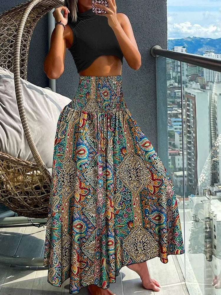 Emmeline - High waist elastic A-line skirt with large swing and long skirt