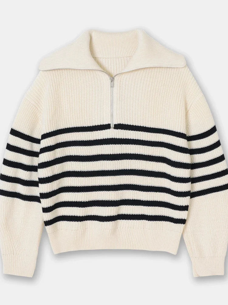Madeleine - Wide Turtleneck Women's Sweater with Striped Lapel