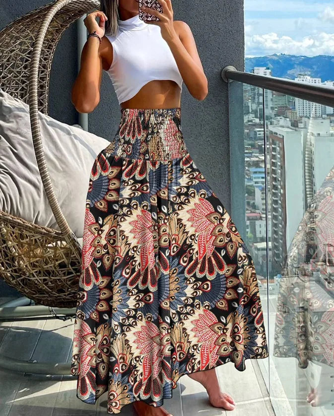 Emmeline - High waist elastic A-line skirt with large swing and long skirt