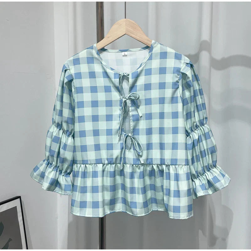 Chiara | Women's puff sleeve lace-up - spring blouse