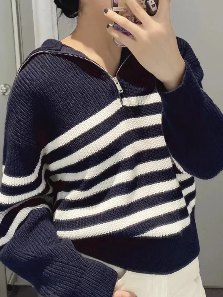 Madeleine - Wide Turtleneck Women's Sweater with Striped Lapel
