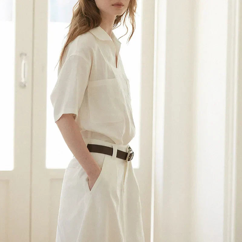 Light and Timeless Short Sleeve Linen Blouse for Women V-Neck – Milena
