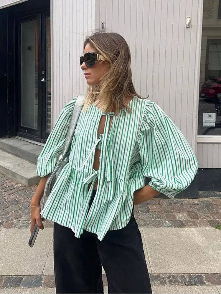 Chiara | Women's puff sleeve lace-up - spring blouse