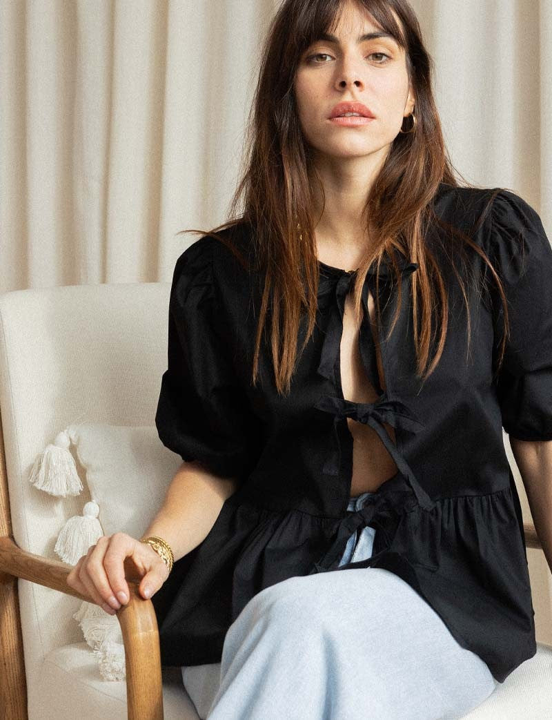 Kaye | Women's Puff-Sleeve Peplum Bow Top - Feminine & Elegant