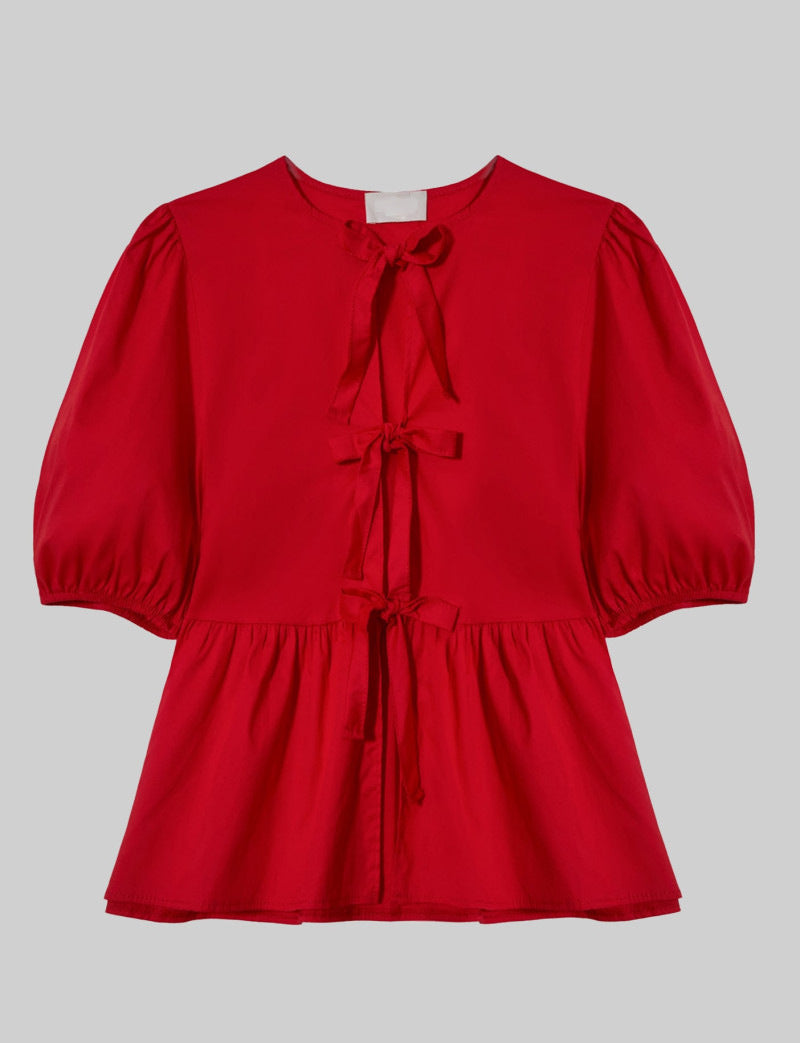 Kaye | Women's Puff-Sleeve Peplum Bow Top - Feminine & Elegant