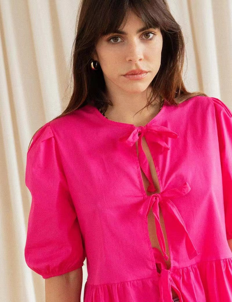 Kaye | Women's Puff-Sleeve Peplum Bow Top - Feminine & Elegant