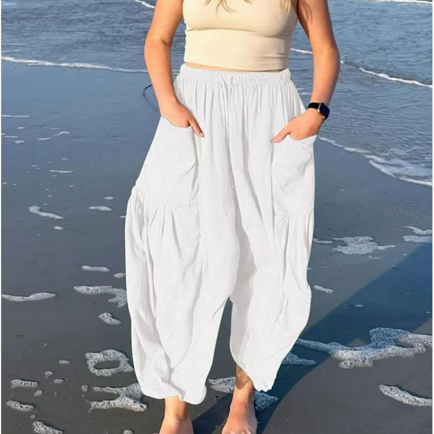 Louinda - Wide leg trousers in cotton and linen with elasticated waistband and pockets