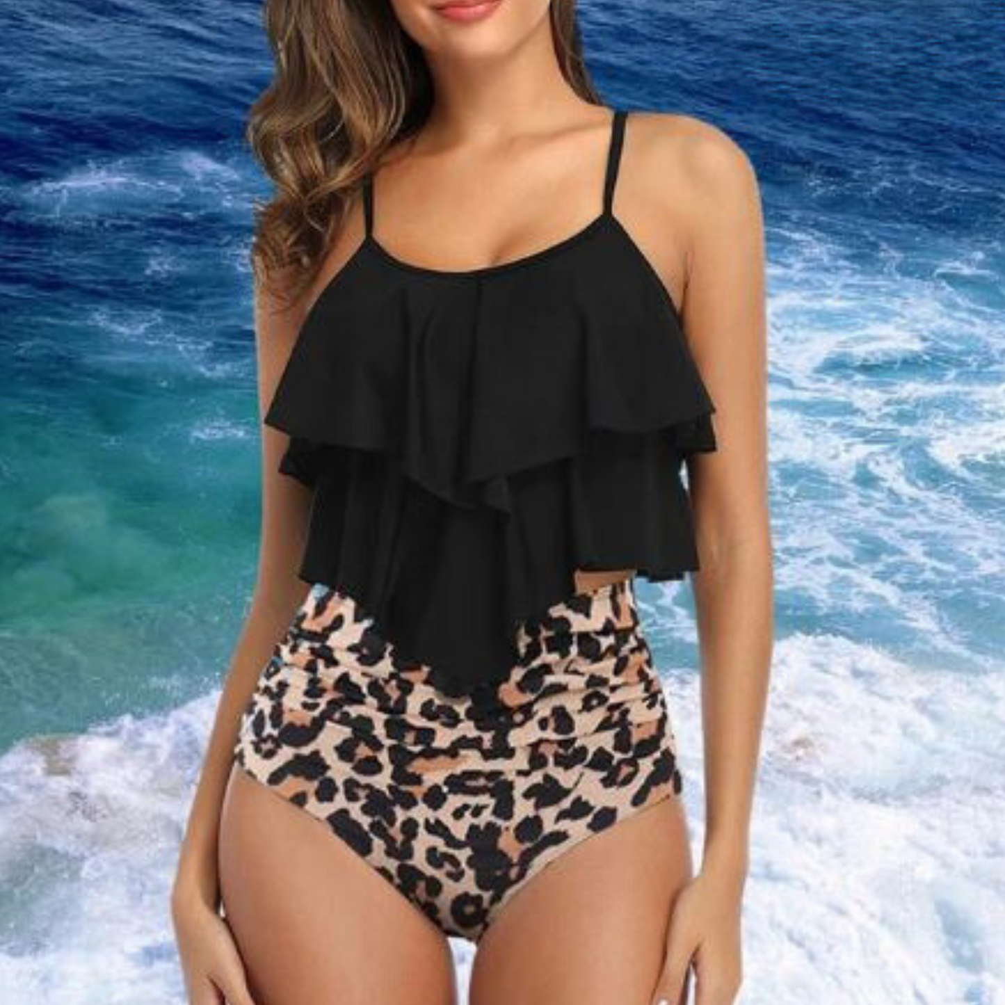 Cressida - Ruffle Tank Top & High Waist Bikini - 2 Piece Tankini Set