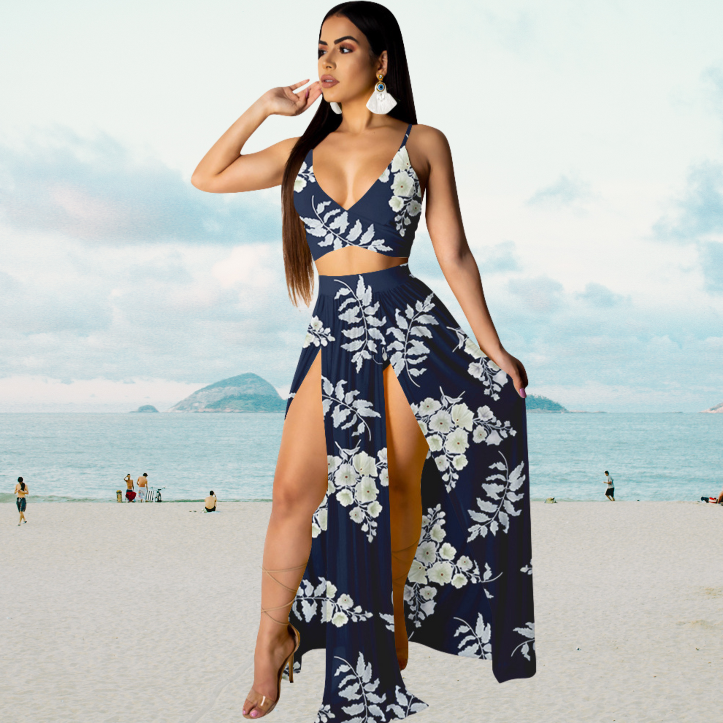 Amalia - Halterneck top and long skirt with split summer set