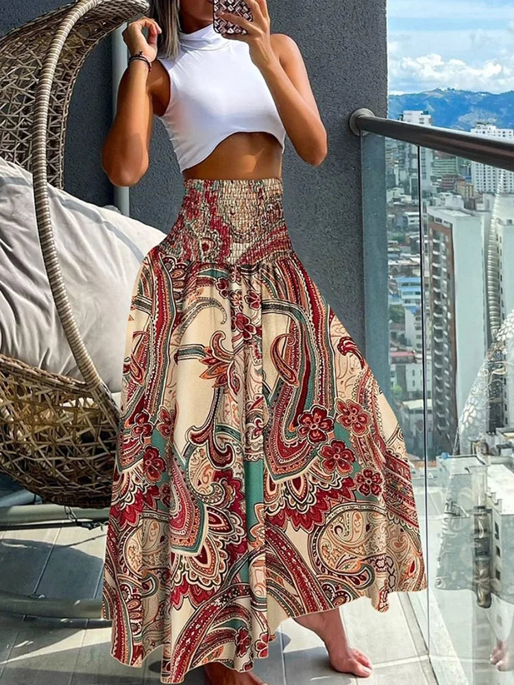 Emmeline - High waist elastic A-line skirt with large swing and long skirt