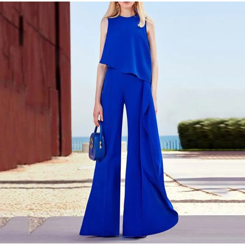 Olive - Women's Sleeveless Straight Tubular Casual Wide Leg Pants Sets