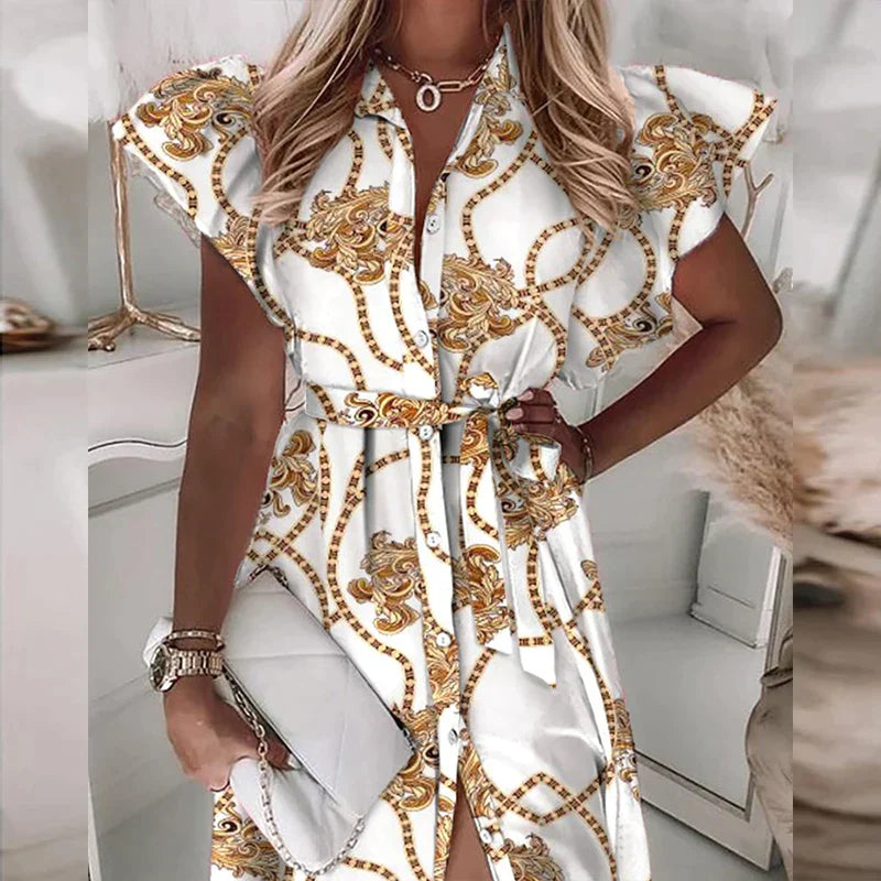 Alexa - Fashion ruffles short sleeve V-neck knot print midi dress