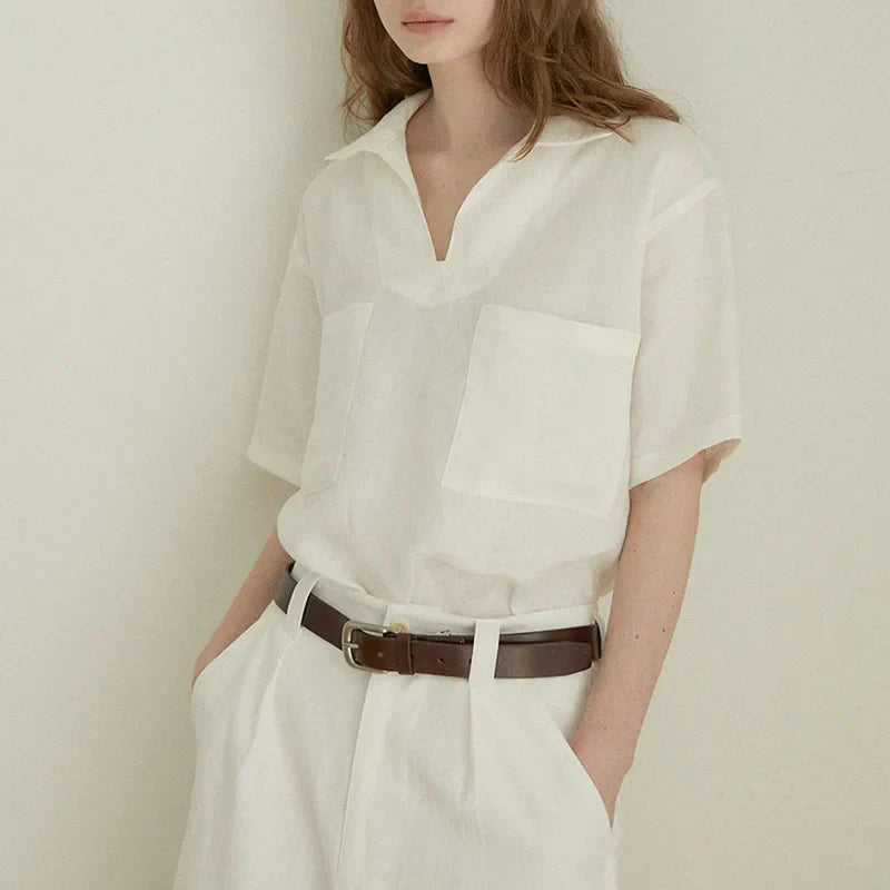 Light and Timeless Short Sleeve Linen Blouse for Women V-Neck – Milena
