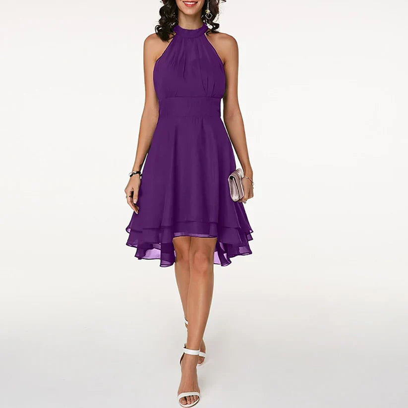 Women's Elegant Cocktail Dress with Neckholder and Ruffle - Sleeveless A-Line Evening Dress for Parties & Events