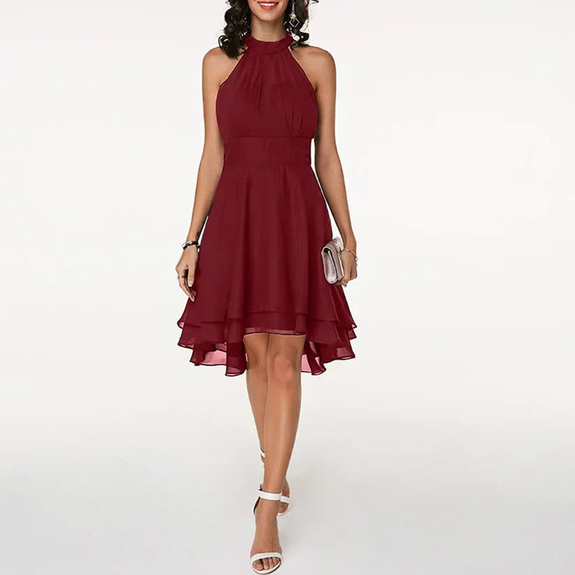 Women's Elegant Cocktail Dress with Neckholder and Ruffle - Sleeveless A-Line Evening Dress for Parties & Events