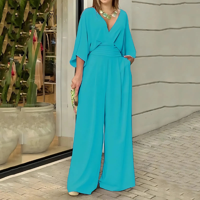 Felicity - Batwing Sleeves Wide Legs Solid Color Elegant Jumpsuit