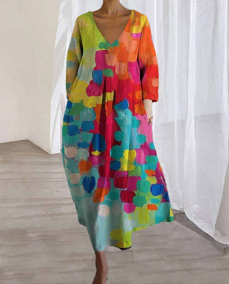 Anastasia - Colorful printed dress with V-neckline