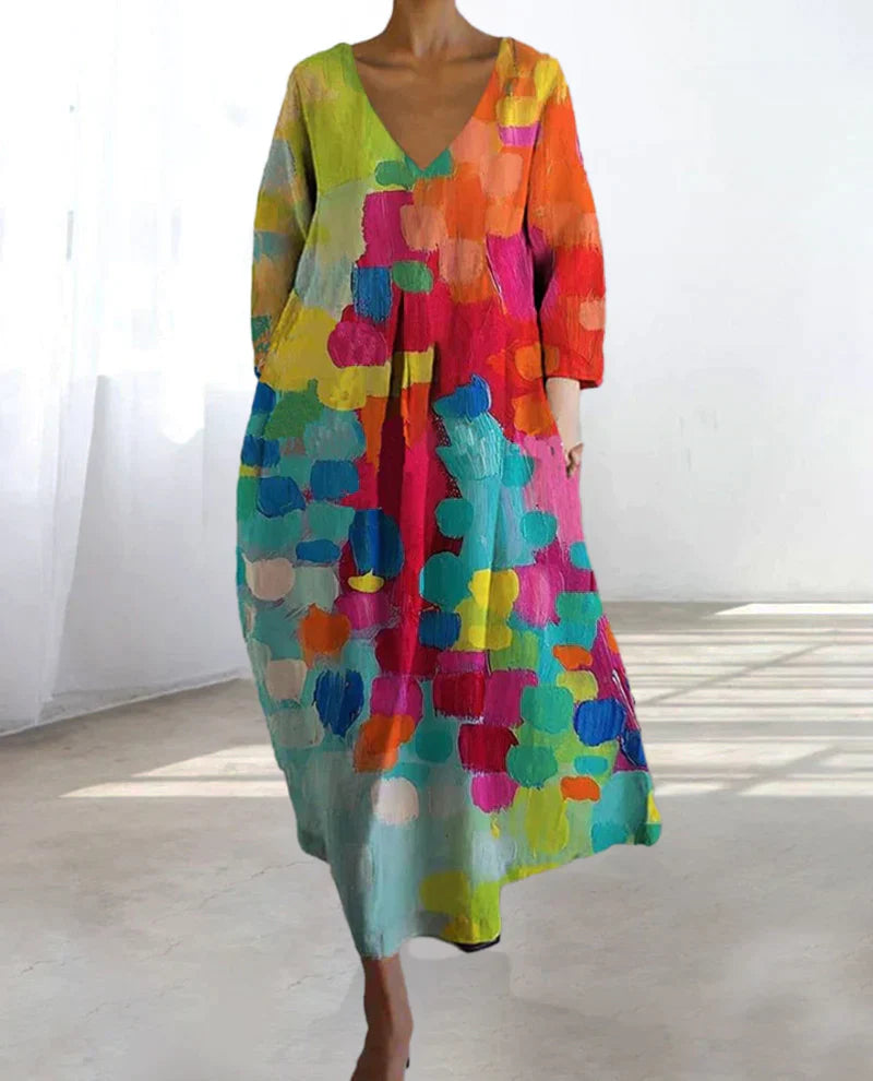 Anastasia - Colorful printed dress with V-neckline