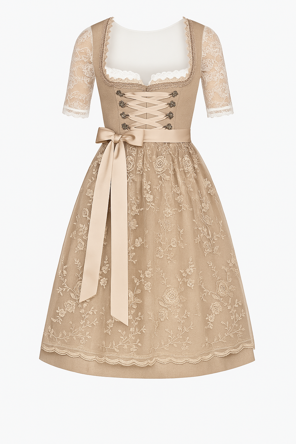 Women's Dirndl Traditional Dress: Elegant Midi Dirndl with Embroidery, Lace, and Apron