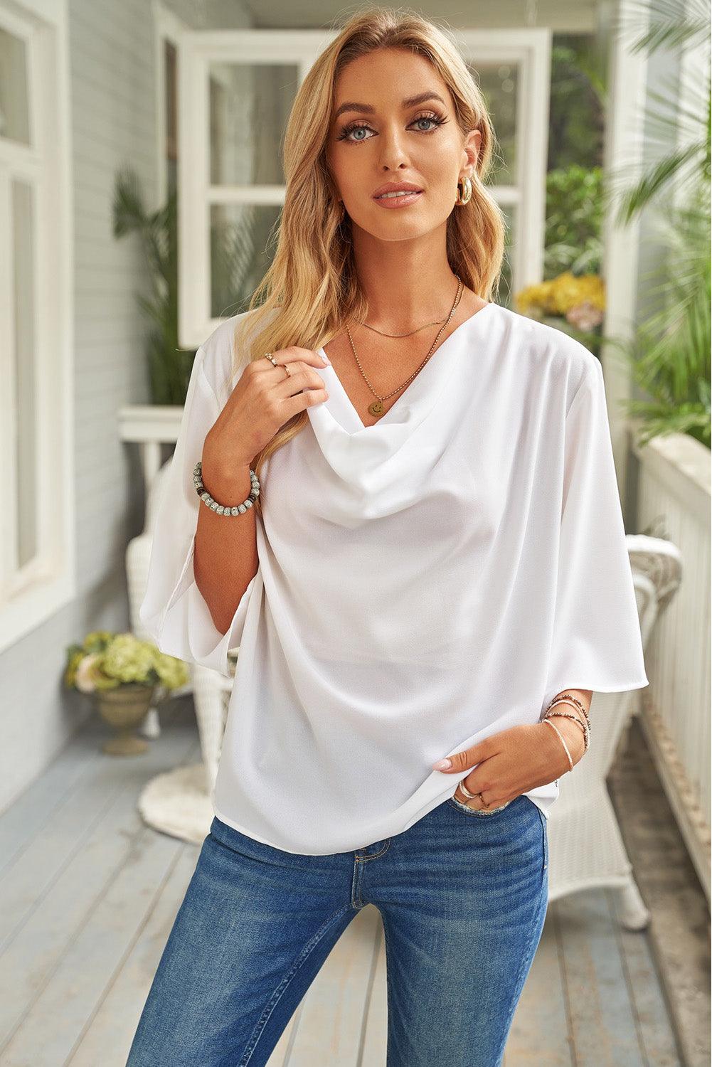 Manushi | Women's Short Sleeve Draped Blouse - Comfortable & Trendy