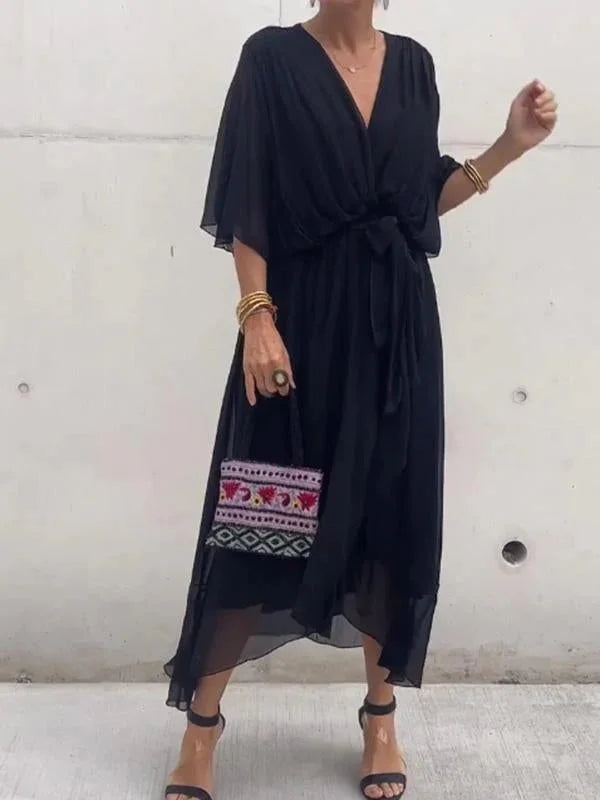 Luisa – green chiffon dress with V-neck