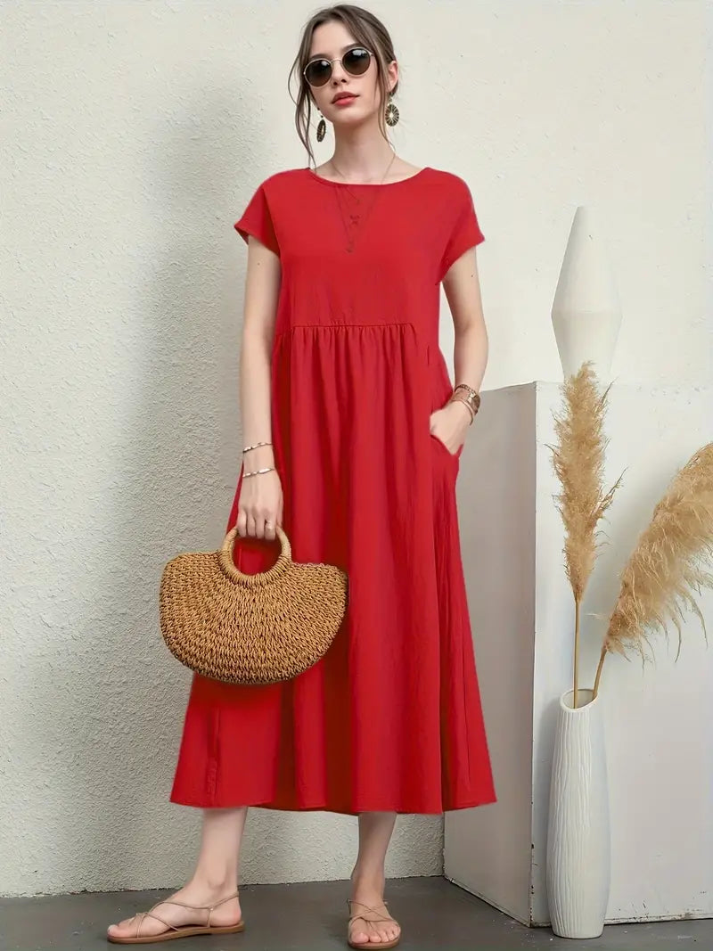 Lily – casual short-sleeve summer dress with round neckline and waist