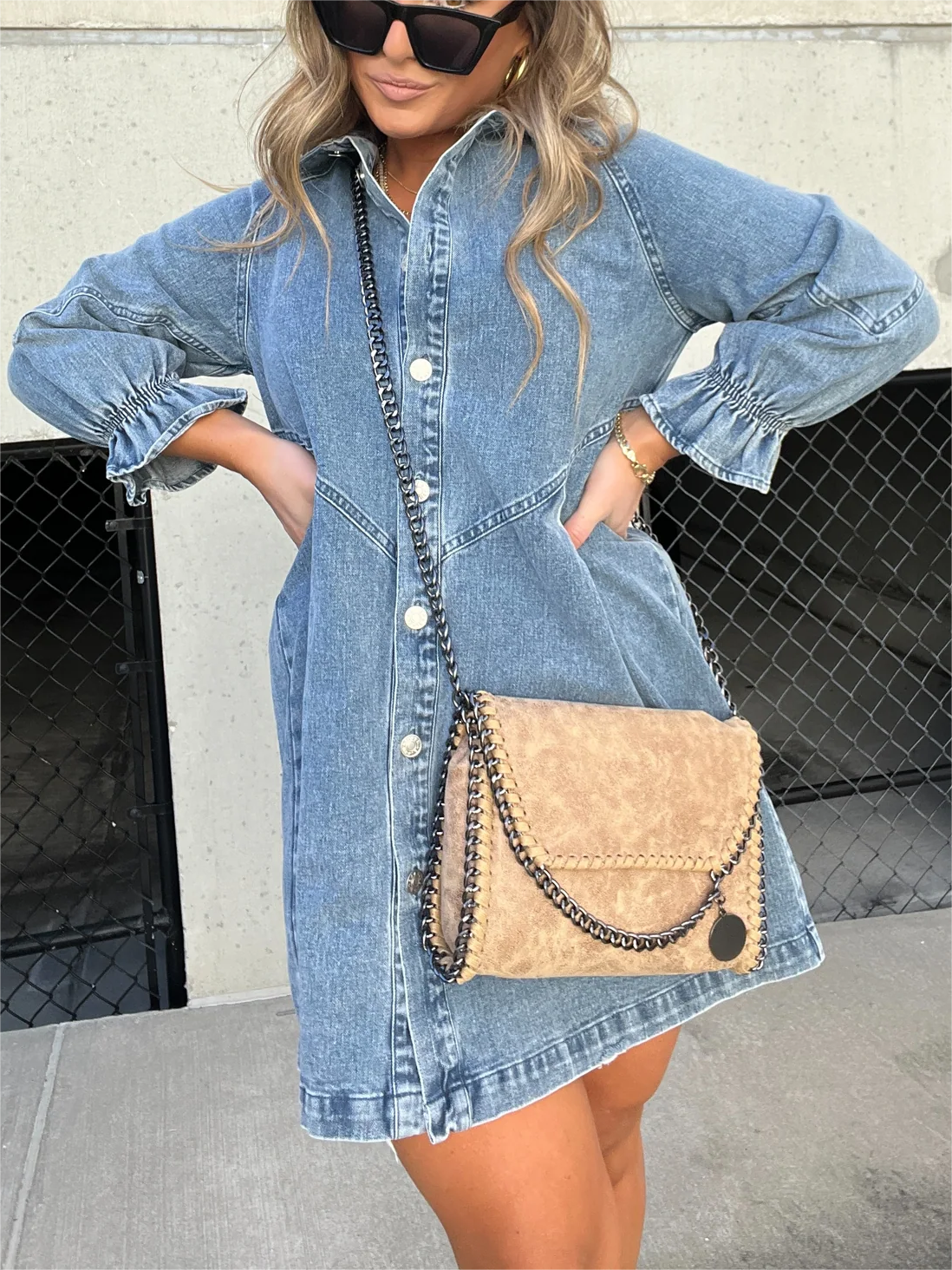 Denim Midi Dress for Women with Stylish Turn-down Collar - Zorelyae