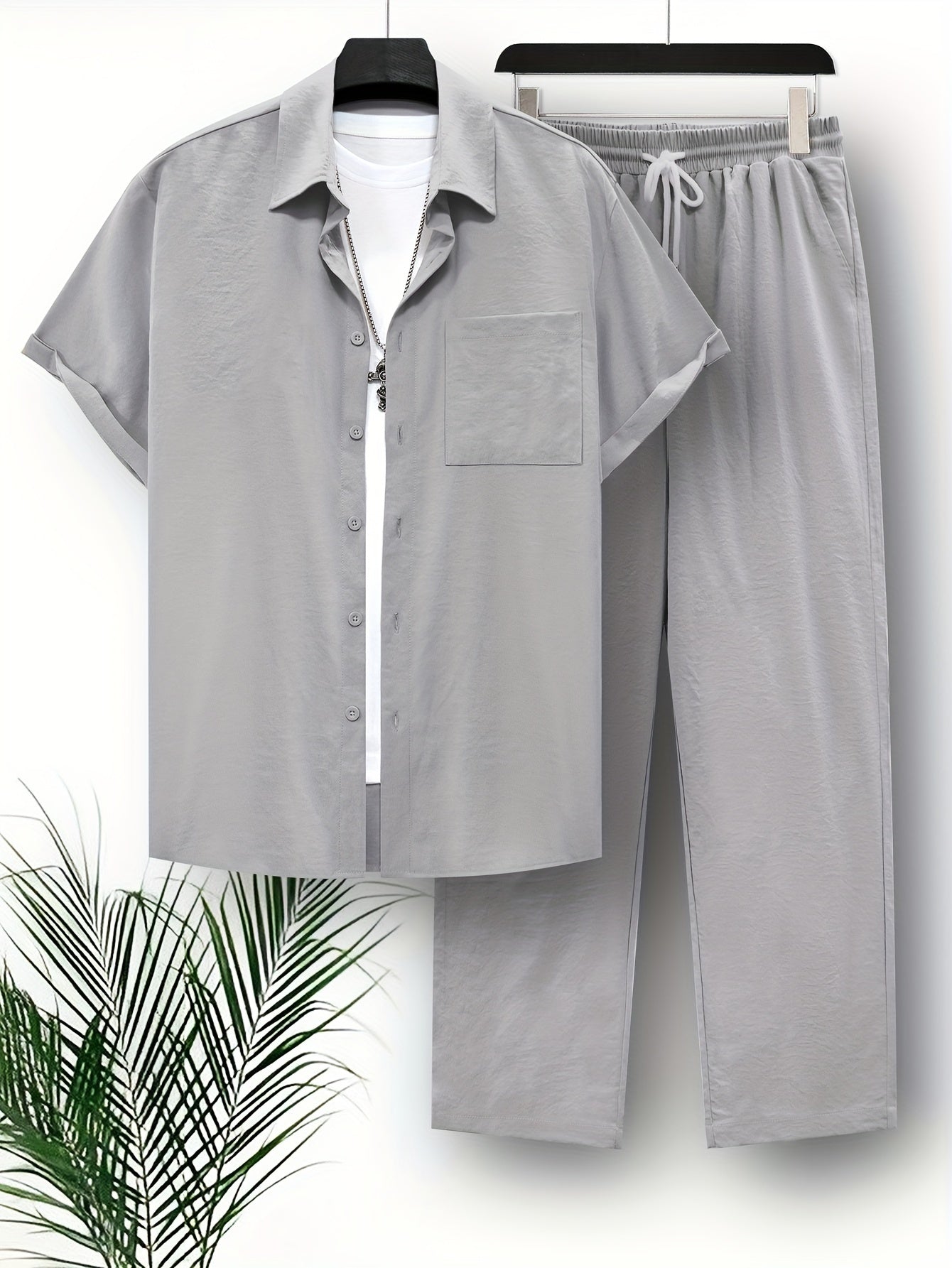 Top and Pants Set - Casual - Polyester, Short Sleeve, Solid Color - Perfect for Casual Wear