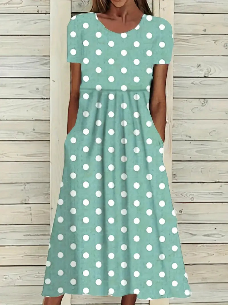 Eleanor – light, short-sleeved, polka-dotted dress with round neckline