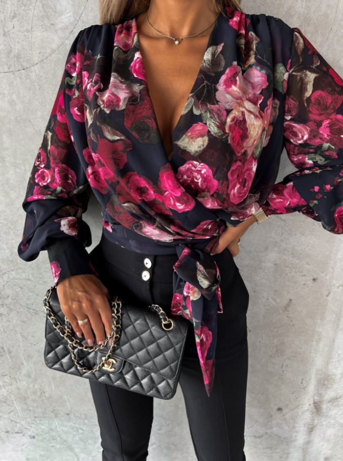 Stylish Spring V-Neck Blouse with Puff Sleeves - Mireille