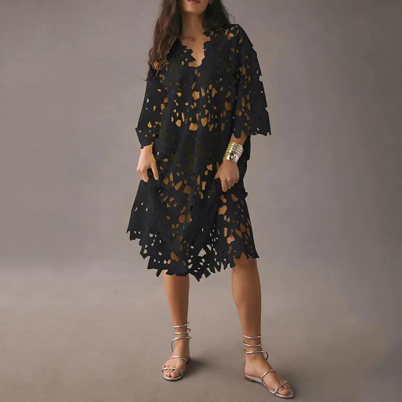 Lenie - Flowered midi dress with eyelet lace