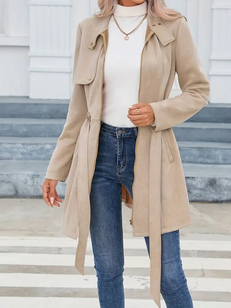 Elsie - Mid-length zip-up coat with stand-up collar and belt