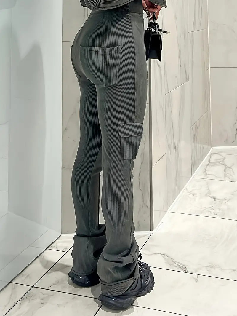 Paulina - Casual high waist ribbed trousers