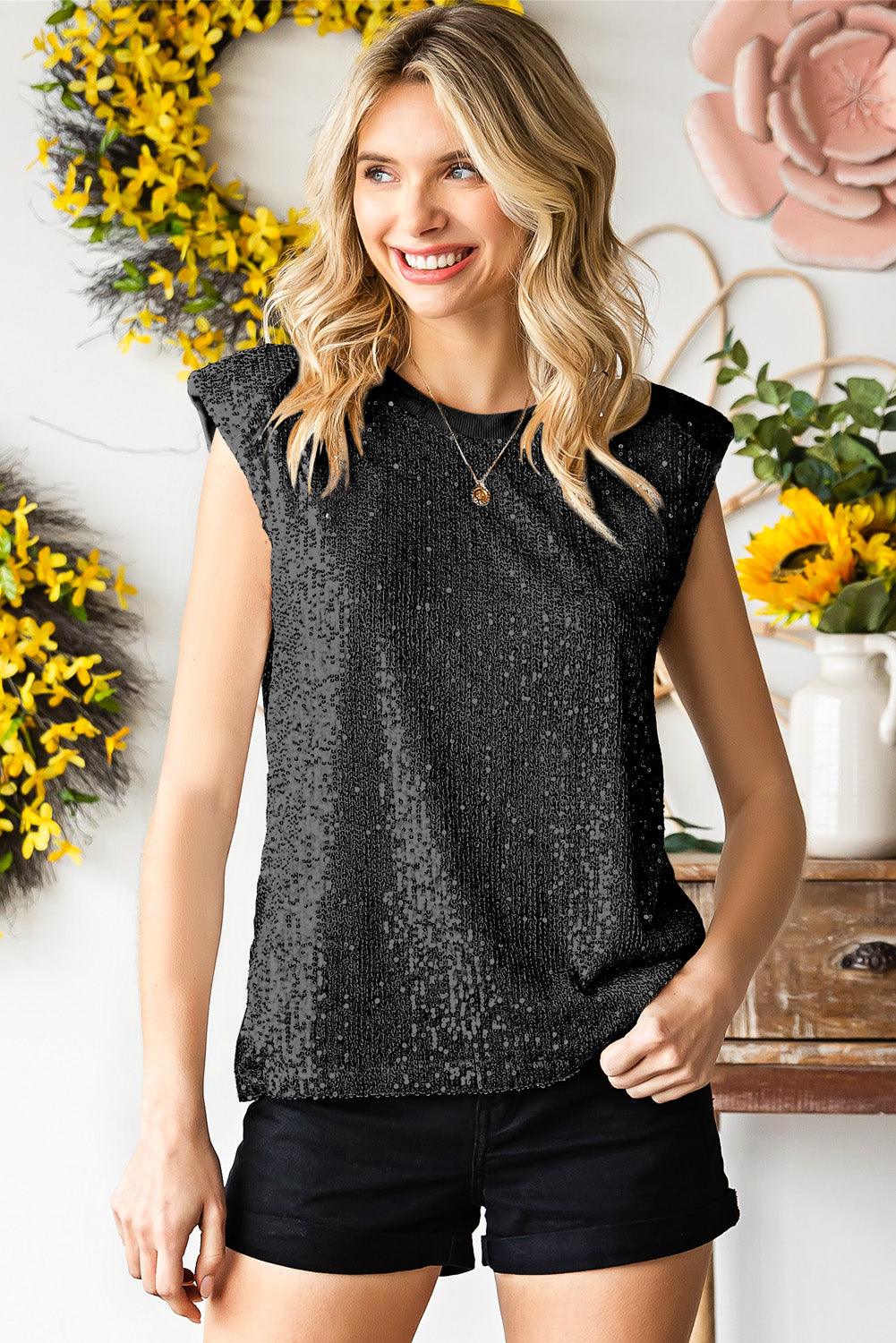 Zoya | Women's Sequin Capped Sleeve Tank Top - Stylish & Shiny