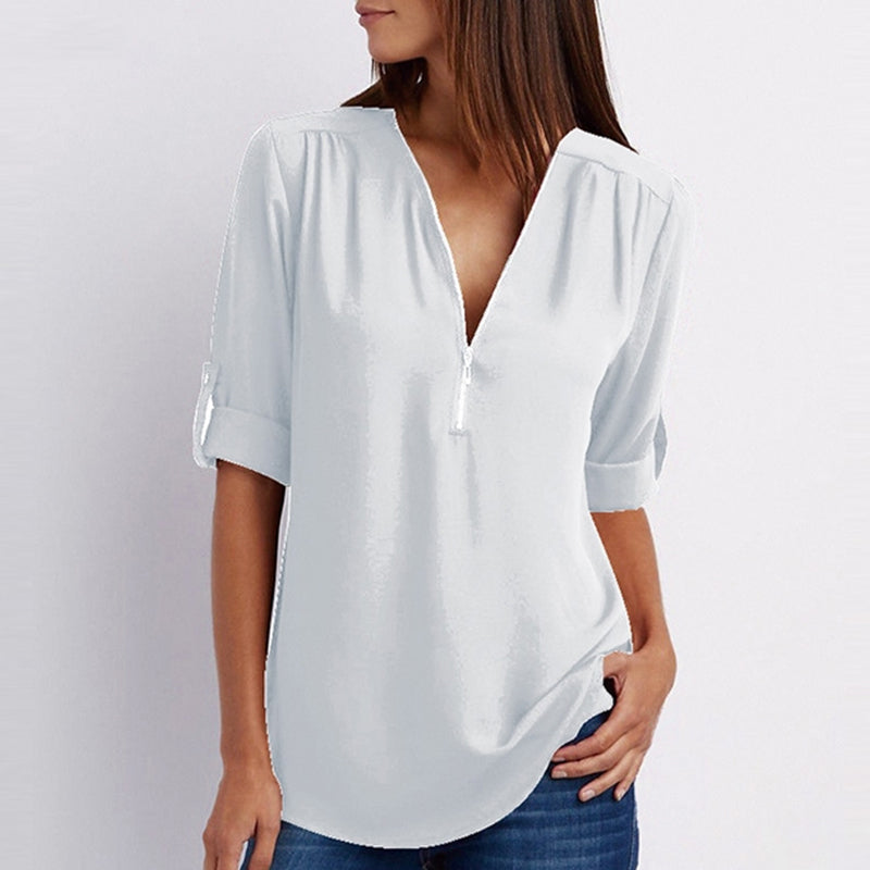 Keshini | Women's Chiffon V-Neck Blouse with Elegant Three-Quarter Sleeves