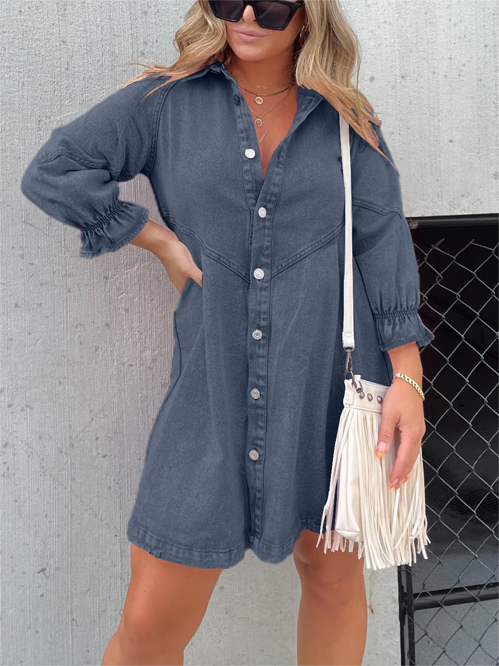 Denim Midi Dress for Women with Stylish Turn-down Collar - Zorelyae