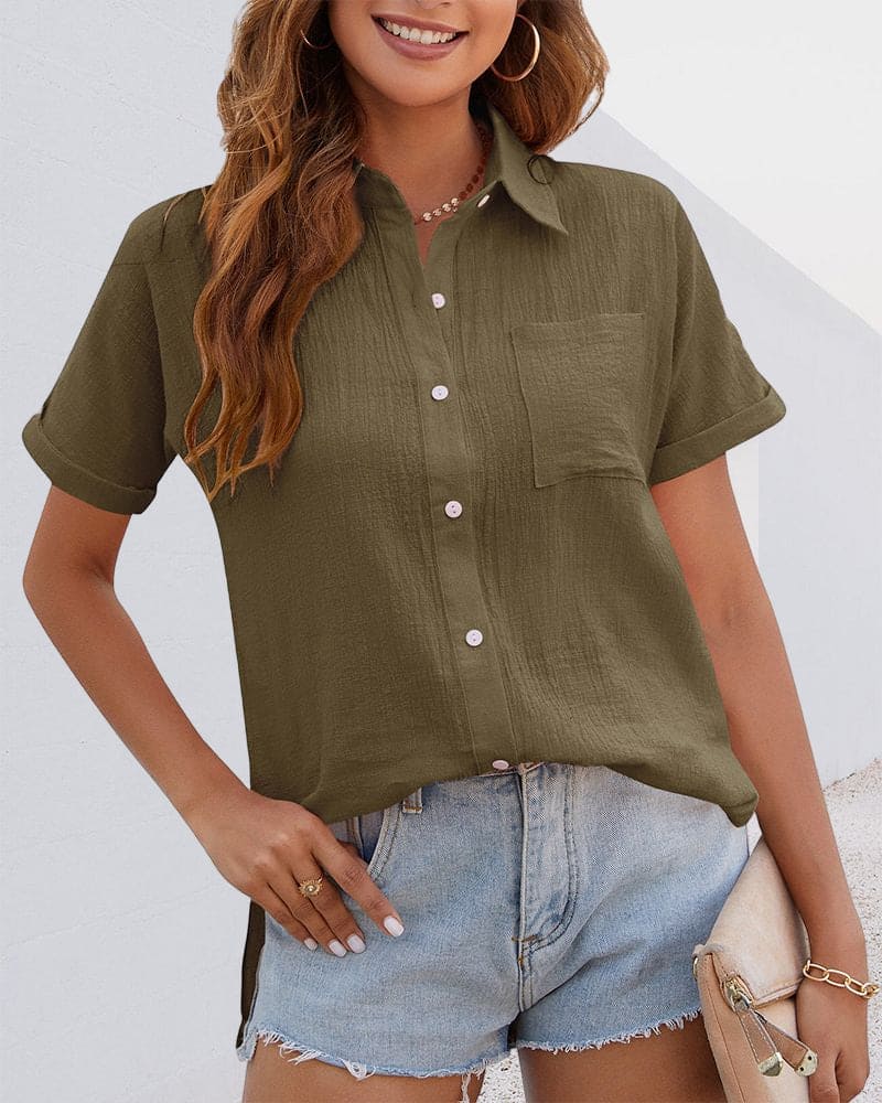 Short-sleeved cotton blouse with button placket - Elin, Spring 2025 Edition