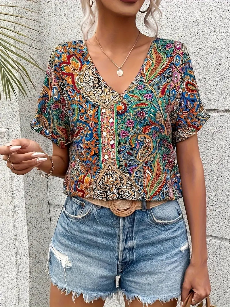 Elizabeth – Elegant blouse with paisley print and V-neck