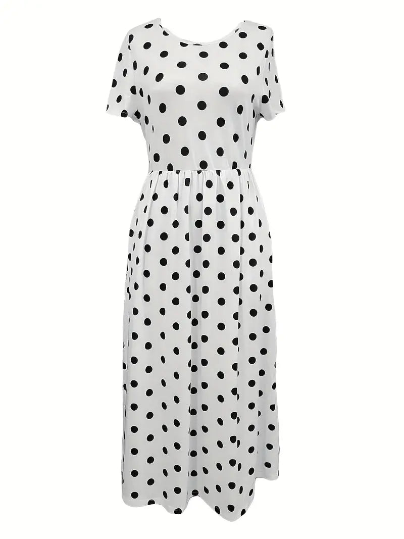 Eleanor – light, short-sleeved, polka-dotted dress with round neckline