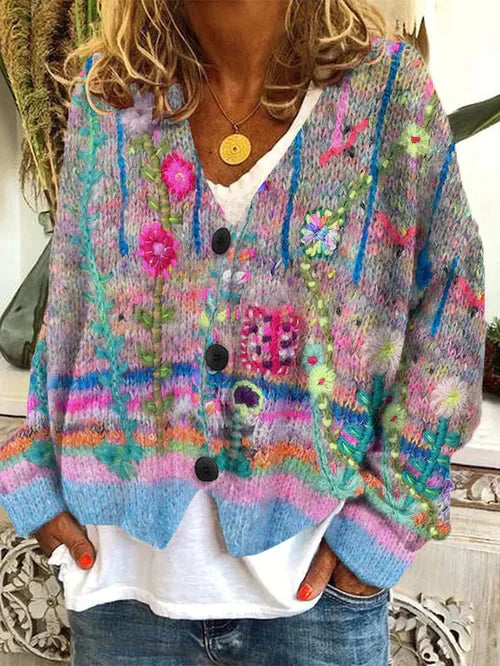 Fay - Retro women's cardigan in printed imitation wool