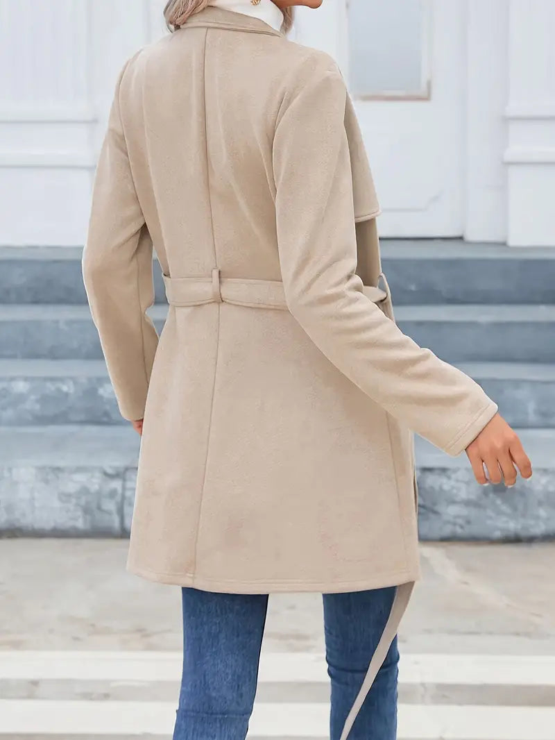 Elsie - Mid-length zip-up coat with stand-up collar and belt