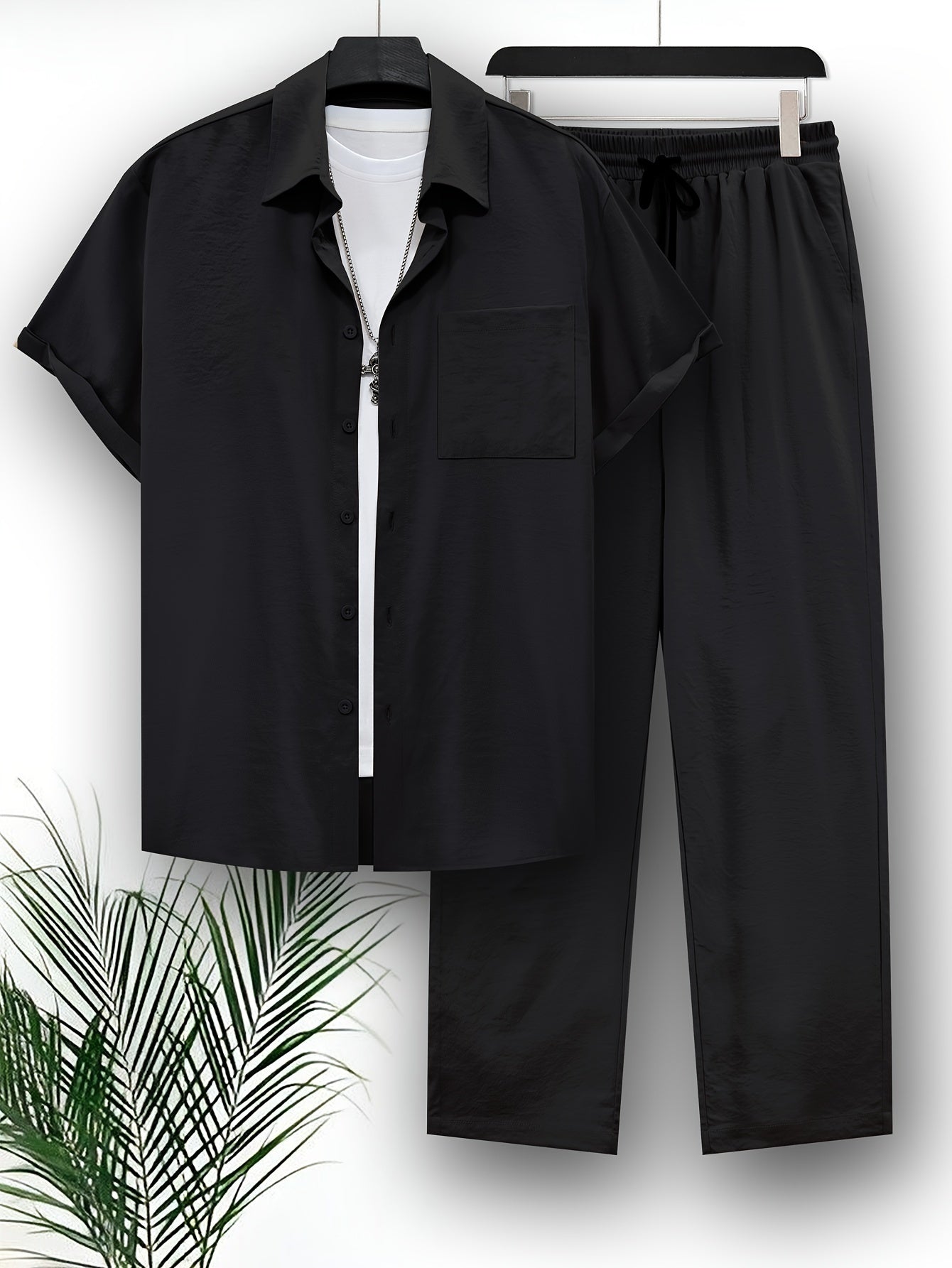 Top and Pants Set - Casual - Polyester, Short Sleeve, Solid Color - Perfect for Casual Wear