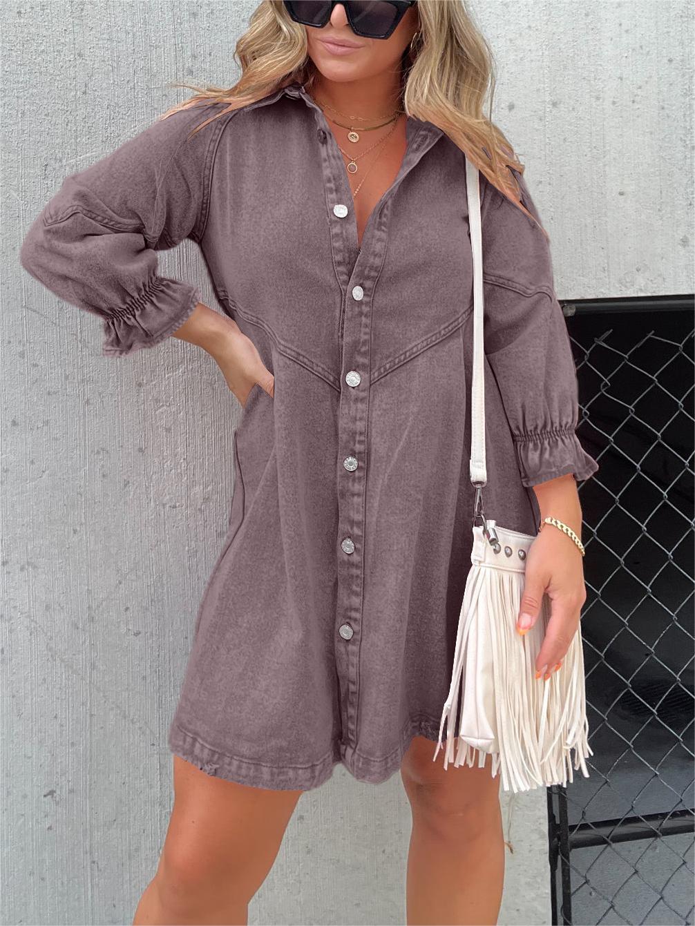Denim Midi Dress for Women with Stylish Turn-down Collar - Zorelyae