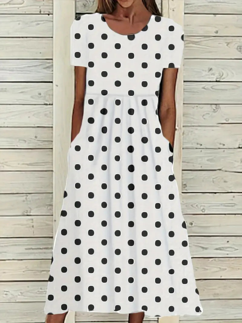 Eleanor – light, short-sleeved, polka-dotted dress with round neckline