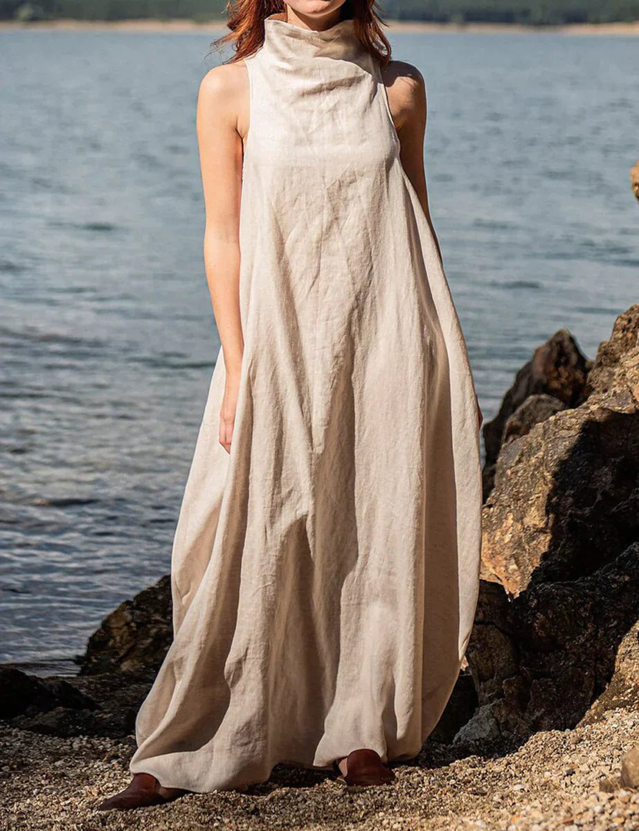 Stacey - Linen Maxi Dress with Ruffles, Stand-Up Collar and Back